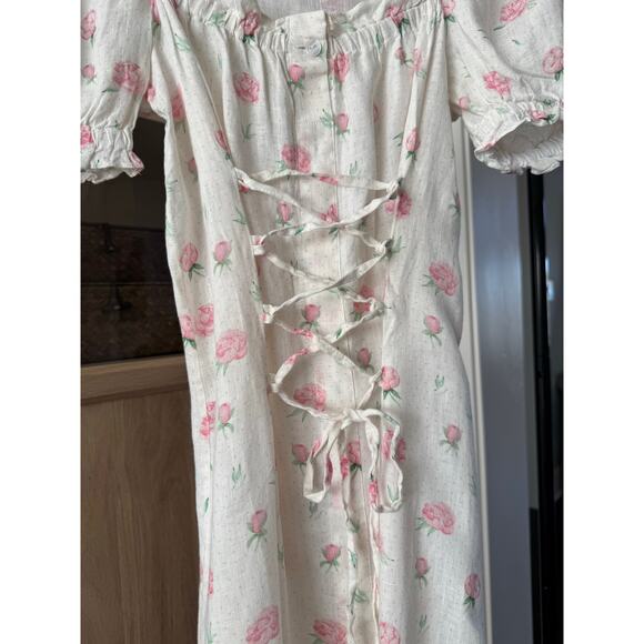SLEEPER MARQUISE LINEN Midi DRESS IN ROSES Small Corset Lace Up Slit - Picture 9 of 10